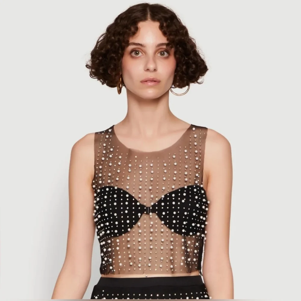 Embellished Sheer Black Crop Top - Picture 3 of 5